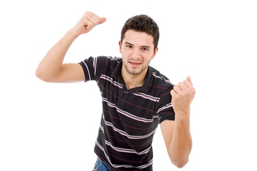 happy young man winning, isolated on white