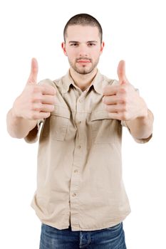 young casual man going thumb up, isolated on white