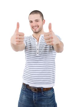 young casual man going thumb up, isolated on white