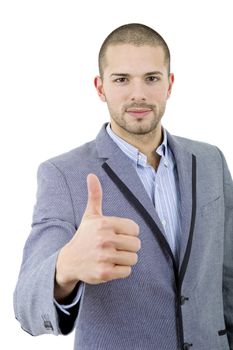 young casual man going thumb up, isolated on white