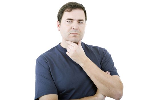 pensive young casual man portrait, isolated on white