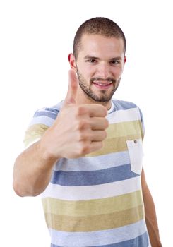 young casual man going thumb up, isolated on white