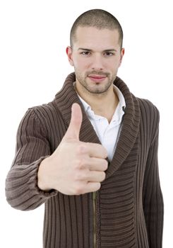 young casual man going thumb up, isolated on white