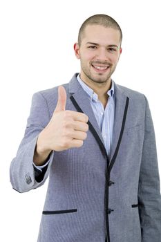 young casual man going thumb up, isolated on white