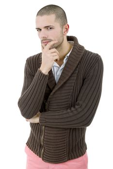 pensive young casual man portrait, isolated on white