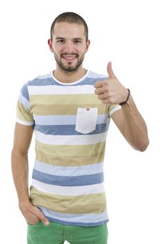 young casual man going thumb up, isolated on white