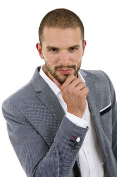 pensive young casual man portrait, isolated on white