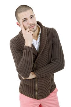 pensive young casual man portrait, isolated on white