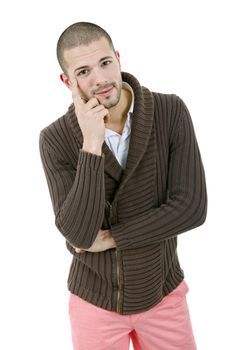 pensive young casual man portrait, isolated on white