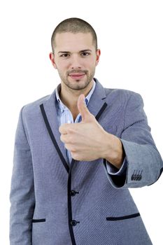 young casual man going thumb up, isolated on white