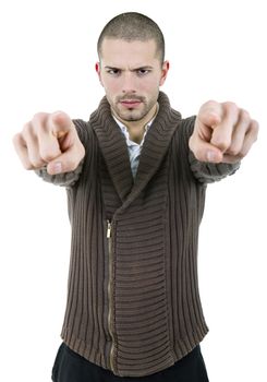 young casual man pointing, isolated on white