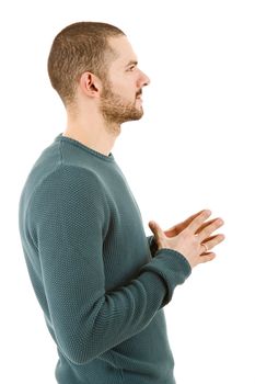 pensive young casual man portrait, isolated on white