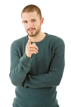 young casual man pointing, isolated on white