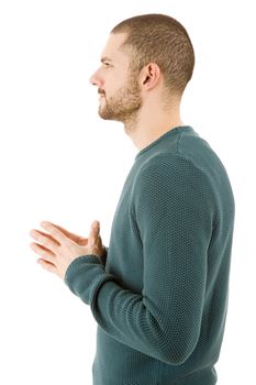 pensive young casual man portrait, isolated on white