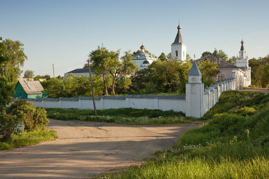 Old white stone man's monastery in the Smolensk region Russia