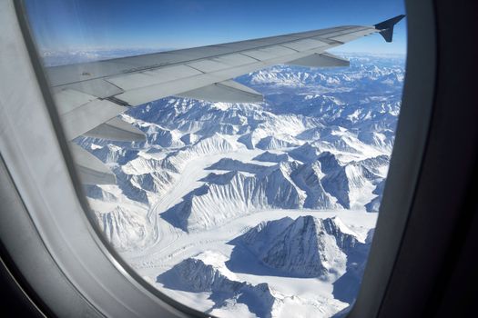 Mountain range view from aircraft window, Leh, Ladakh, India