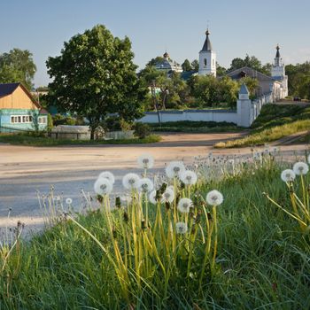 Old white stone man's monastery in the Smolensk region Russia