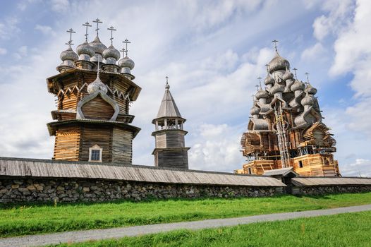 Antique wooden Church of Transfiguration at Kizhi island in Russia under reconstruction