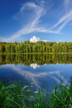 Beautiful river coast in the wild Karelian (Karjala) woods