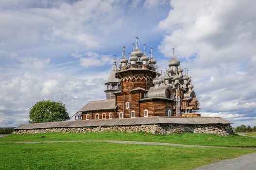 Antique wooden Church of Transfiguration at Kizhi island in Russia under reconstruction