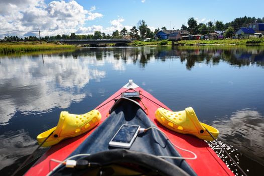 Kayaking in the river in Karelia, at the north of Russia