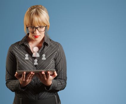 Businesswoman hands hold holding computer tablet with people social media icons