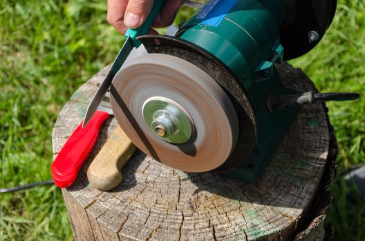 Hand sharpening knives with electric grinder tool on outdoor wood log.