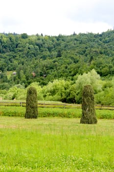 two big mows of hay in the Carpathian village