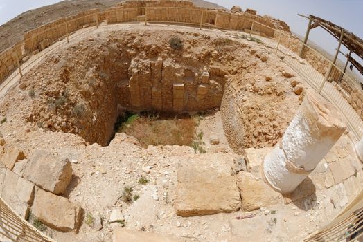 Fisheye view of ancient excavations in desert town Mamshit in Israel