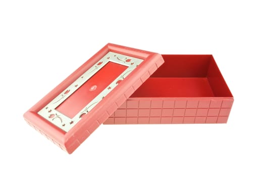 Red plastic box open and empty isolated with white background.