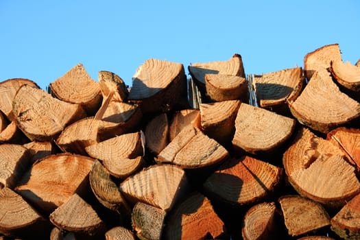 A stack piled logs, blue sky in the background