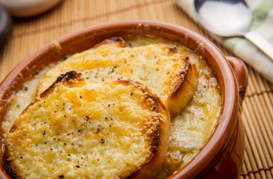 Delisious homemade French onion Soup with cheesy croutons
