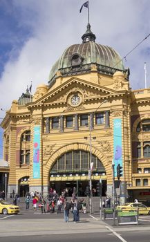 Melbourne, Australia-March 18th 2013: Flinders Street Station main entrance. Built in 1909, the station records over 90 million passenger movements per year.