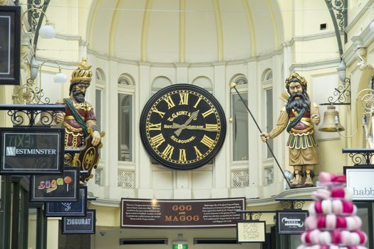 Melbourne, Australia-March 18th 2013: Clock in Royal Arcade. The arcade was designed by Charles Webb and constructed in 1869.