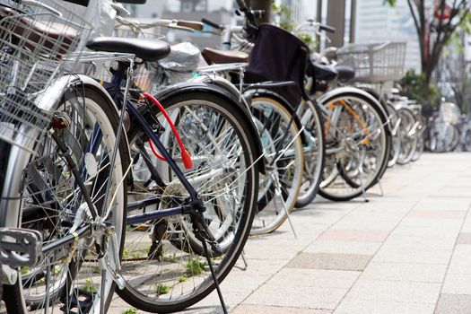 Bicycles parked on a street in Tokyo, Japan