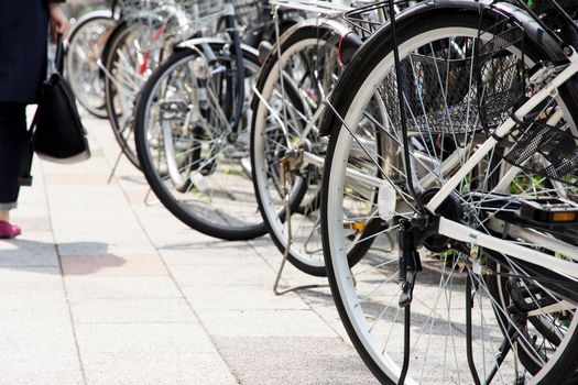 Bicycles parked on a street in Tokyo, Japan