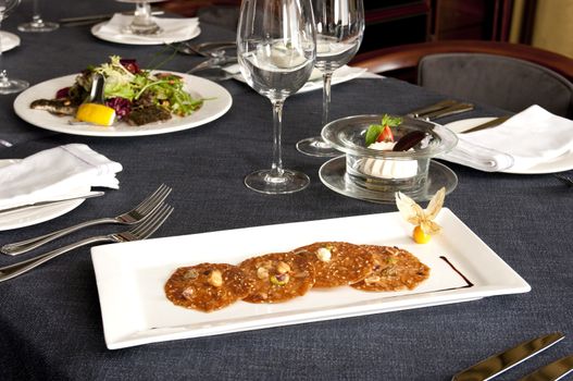 Beautiful decorated table. Tasty and beautiful food in a restaurant