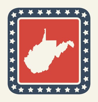 West Virginia state button on American flag in flat web design style, isolated on white background.