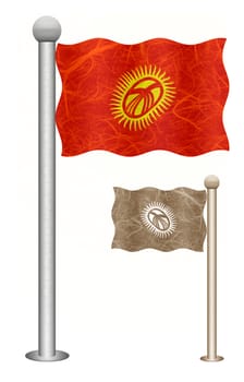 Kyrgyzstan flag waving on the wind. Flags of countries in Asia. Mulberry paper on white background.