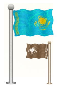 Kazakhstan flag waving on the wind. Flags of countries in Asia. Mulberry paper on white background.