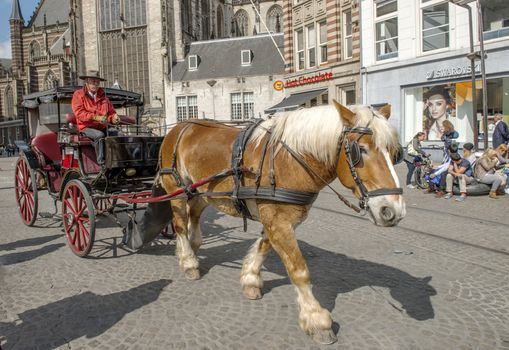 Amsterdam, The Netherlands - April 05, 2014; The koestaxi is traditional Amsterdam tourist attraction. Tourists can choose different routes in the Amsterdam. 