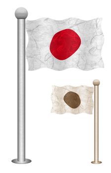 Japan flag waving on the wind. Flags of countries in Asia. Mulberry paper on white background.