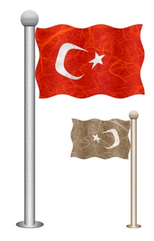 Turkey flag waving on the wind. Flags of countries in Asia. Mulberry paper on white background.