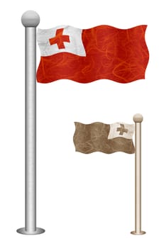 Tonga flag waving on the wind. Flags of countries in Oceania. Mulberry paper on white background.