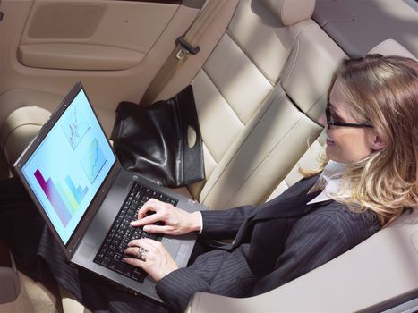 business travel, busy businesswoman with laptop in car