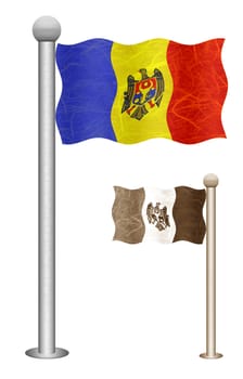 Moldova flag waving on the wind. Flags of countries in Europe. Mulberry paper on white background.