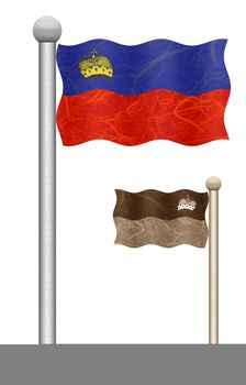 Liechtenstein flag waving on the wind. Flags of countries in Europe. Mulberry paper on white background.