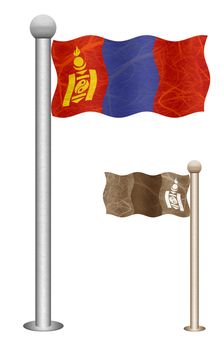 Mongolia flag waving on the wind. Flags of countries in Asia. Mulberry paper on white background.