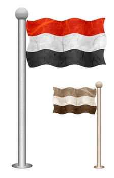 Yemen flag waving on the wind. Flags of countries in Asia. Mulberry paper on white background.