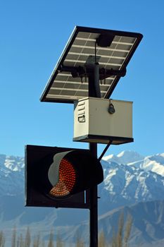 traffic light and solar cell panel in Leh, Ladakh, India.